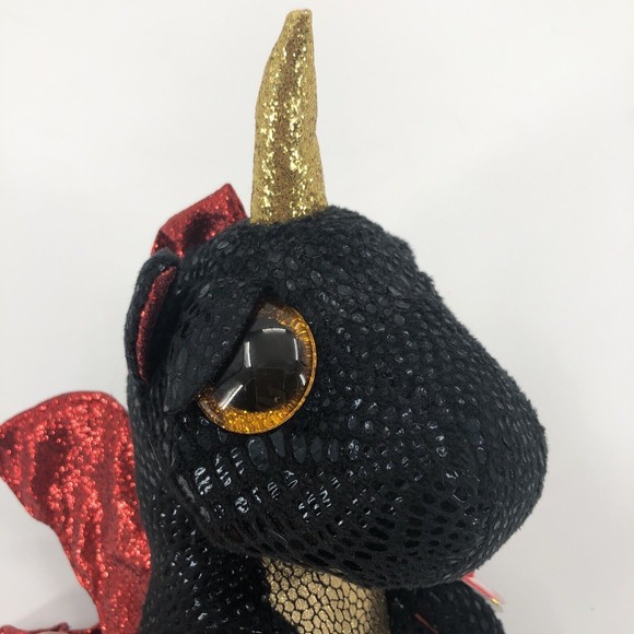 Ty Beanie Boos Grindal Dragon Unicorn Plush Black Gold Red Wings 2021 6" TAG - Picture 8 of 12